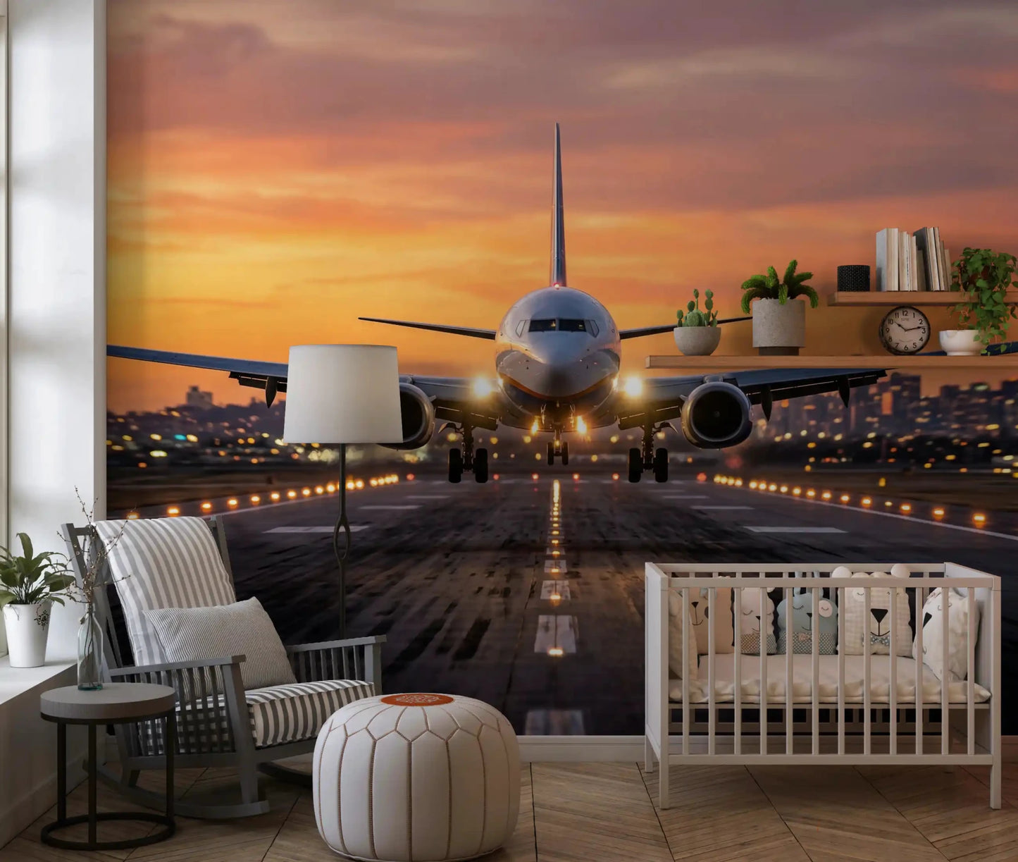 Eye-catching Golden Hour Ascent jet takeoff wall mural with glow