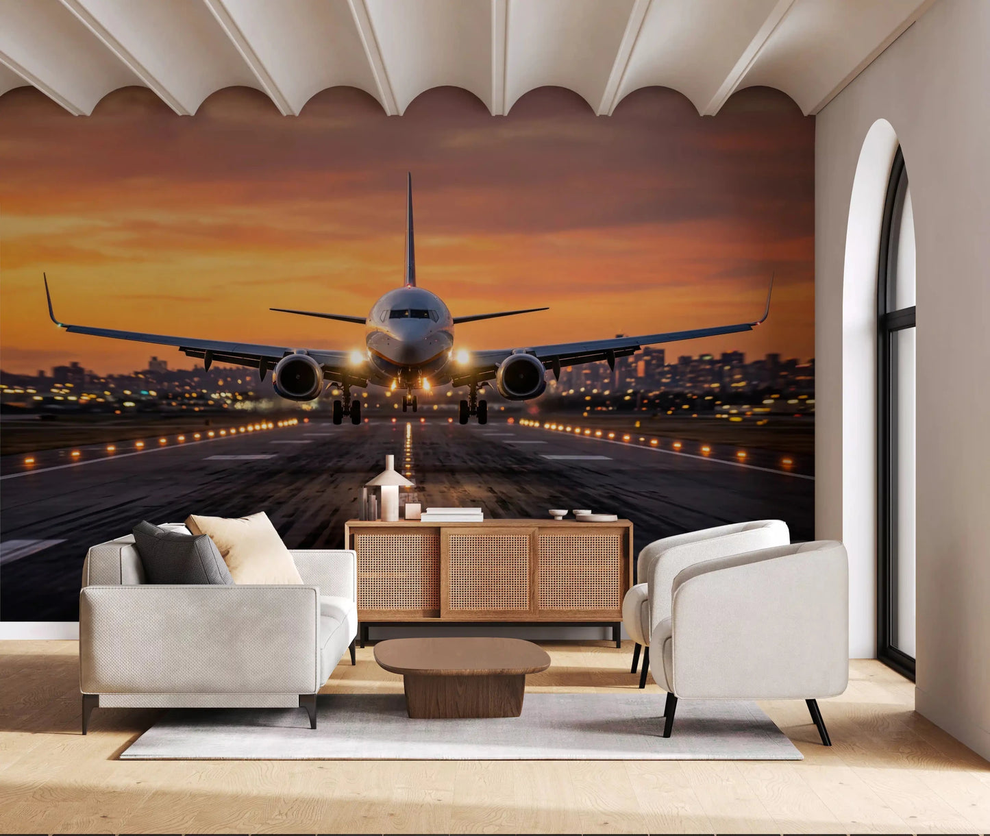 Vibrant Golden Hour Ascent jet sunset wall mural with runway lights