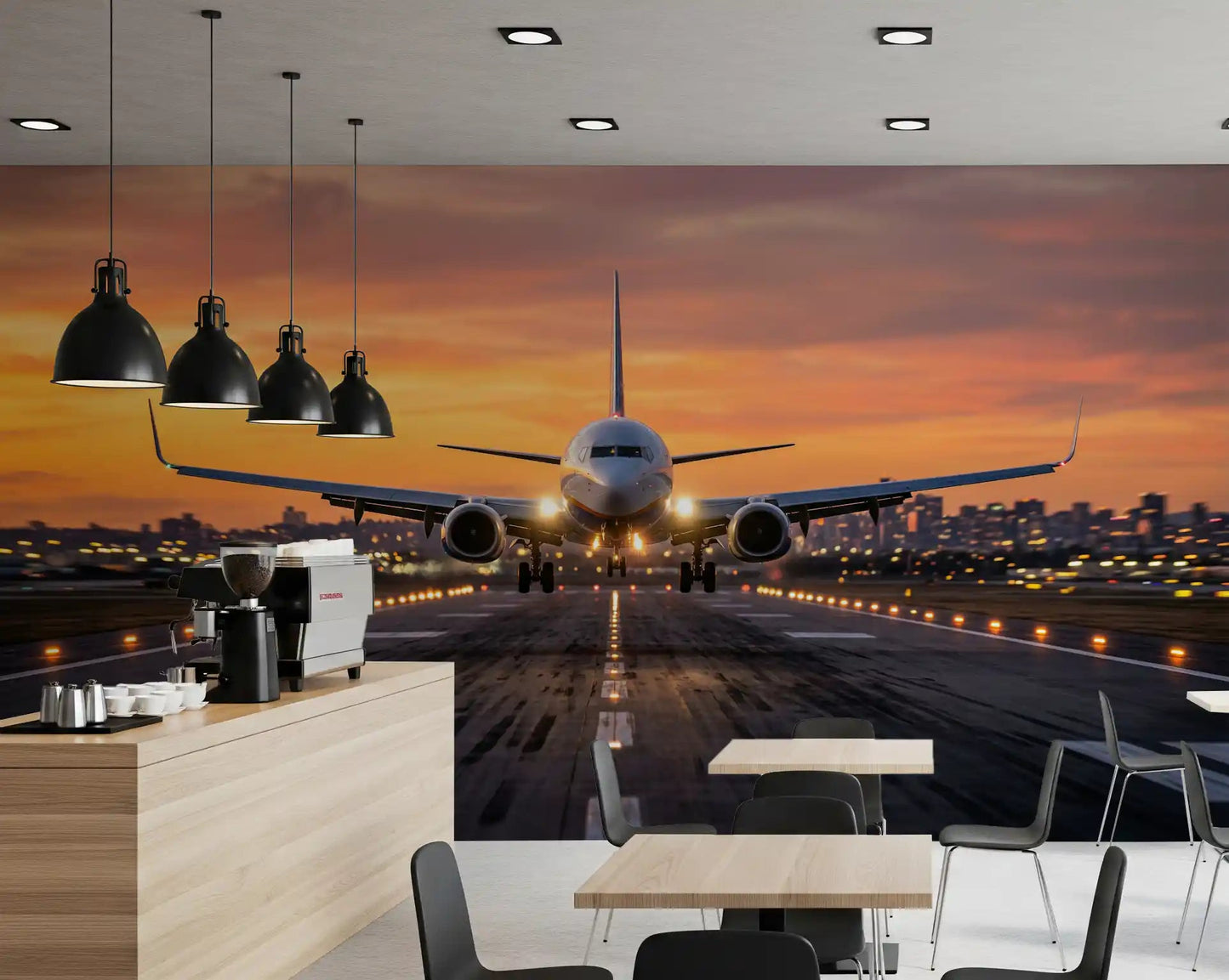 Bold Golden Hour Ascent airplane ascent wall mural in cafe area.