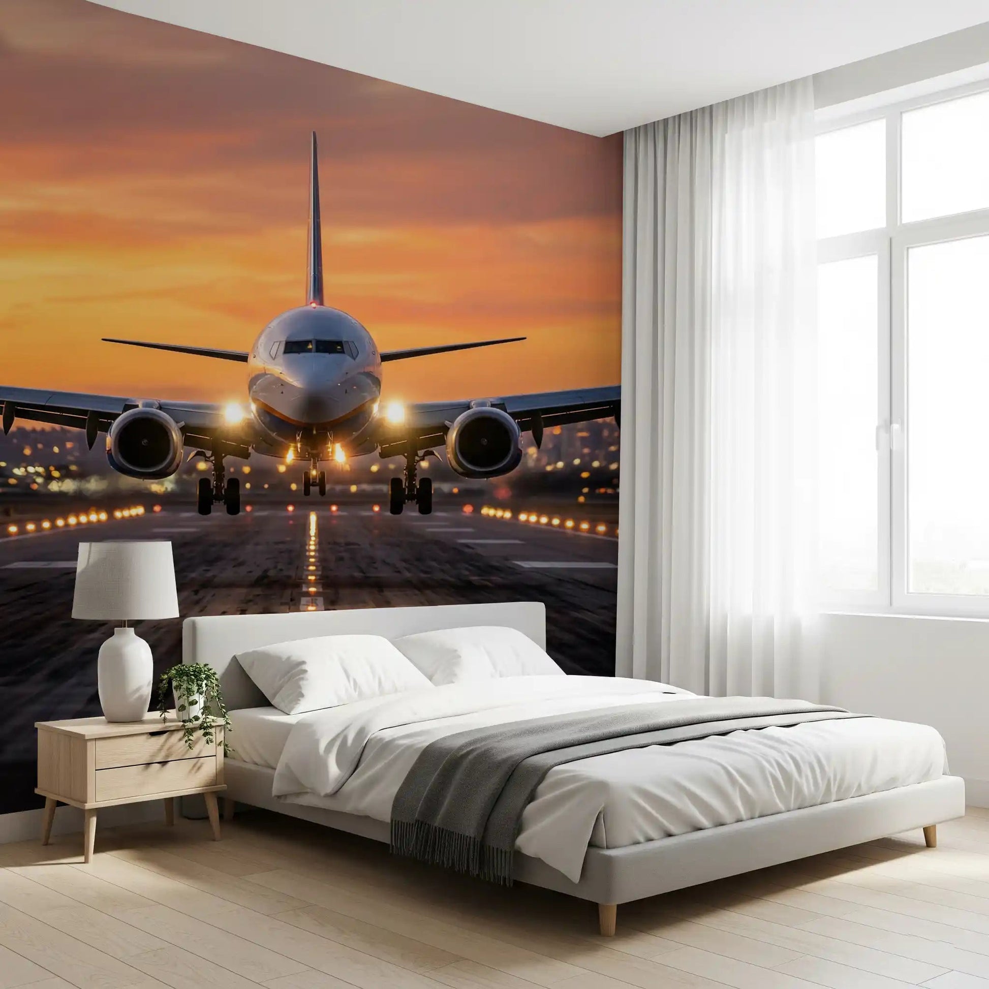 Featuring Golden Hour Ascent jet runway wall mural in bedroom