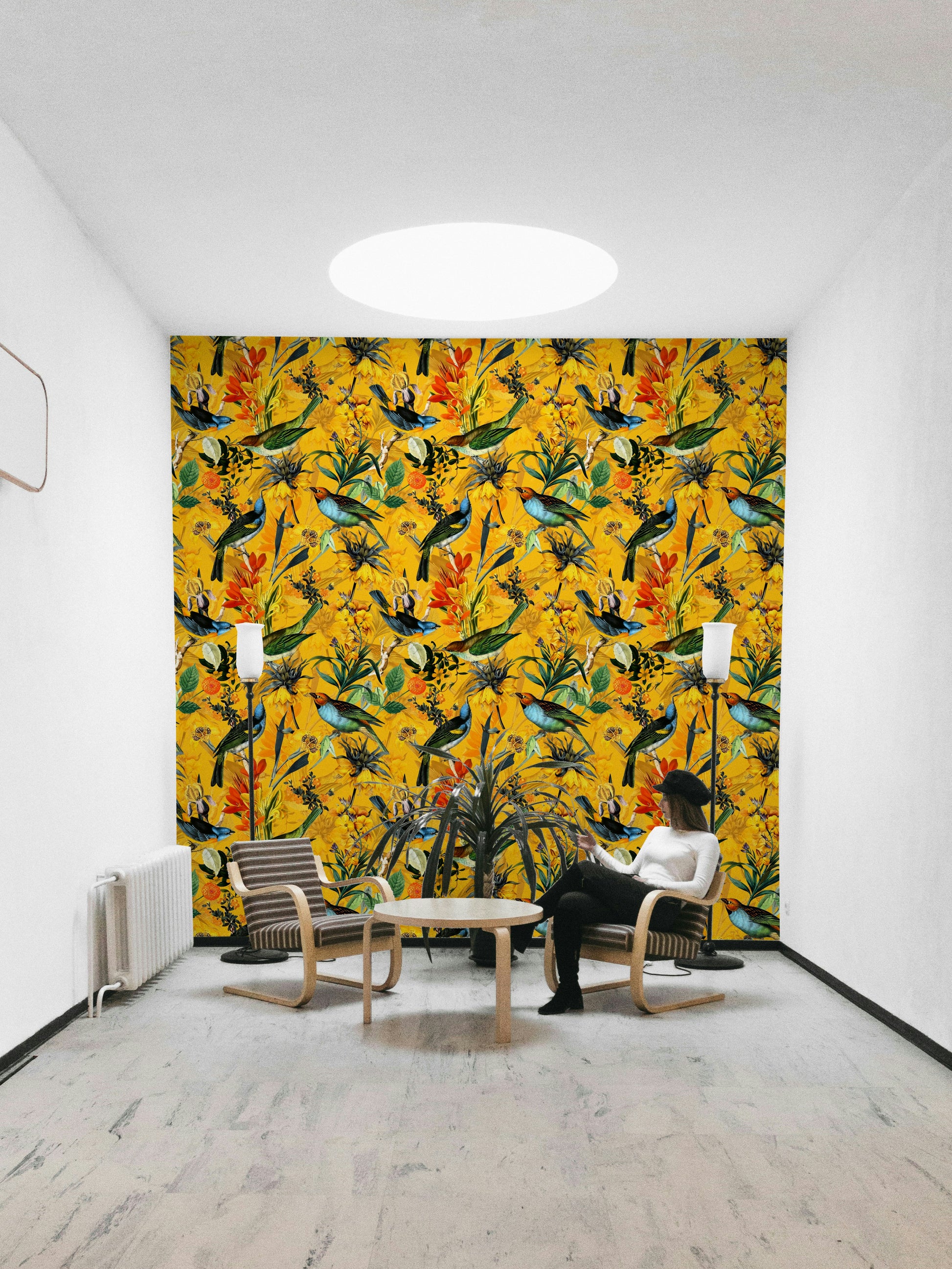 Close-up view of golden birds and feathers in Golden Hour Aviary wallpaper.

