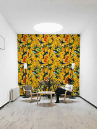 Close-up view of golden birds and feathers in Golden Hour Aviary wallpaper.

