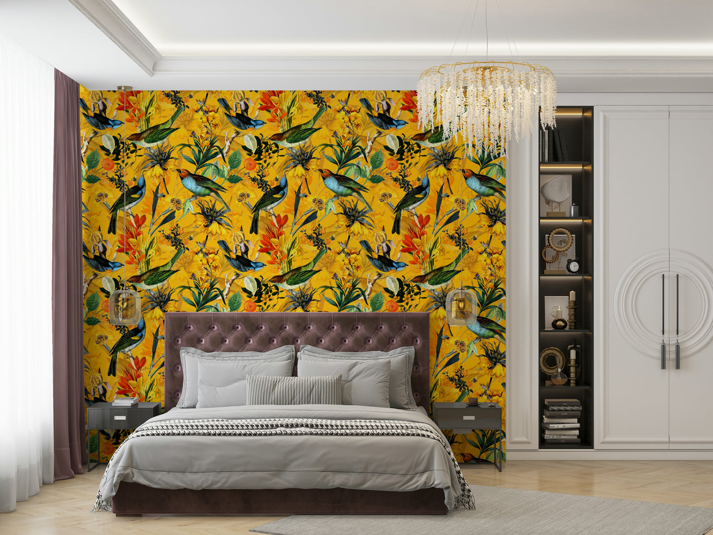 Elegant wallpaper mural featuring birds and soft golden tones.

