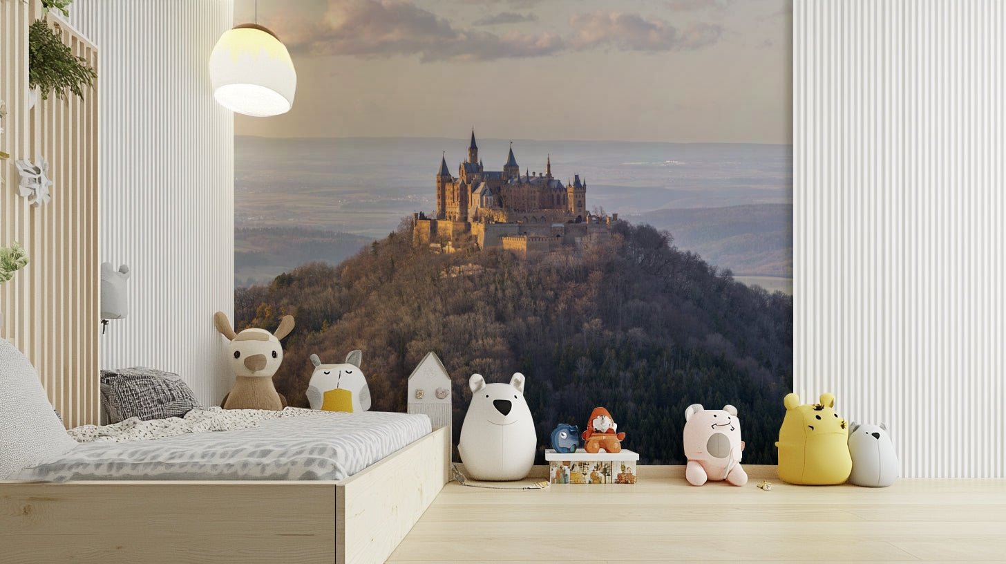 The setting sun casts a warm, golden glow across the stone buildings.
