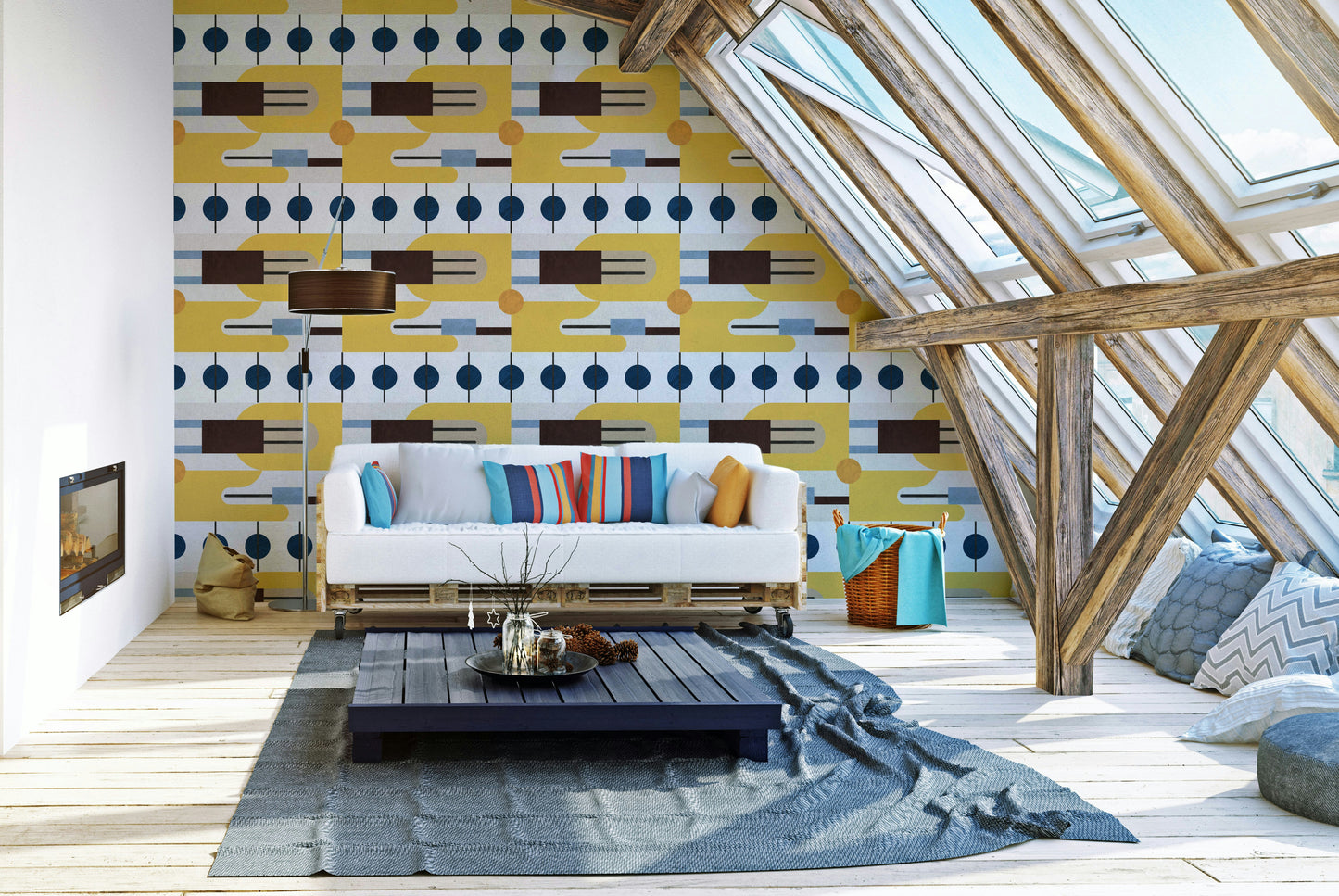 Golden Hour Hues wallpaper in an attic loft with a white pallet sofa, bright cushions and skylight beams