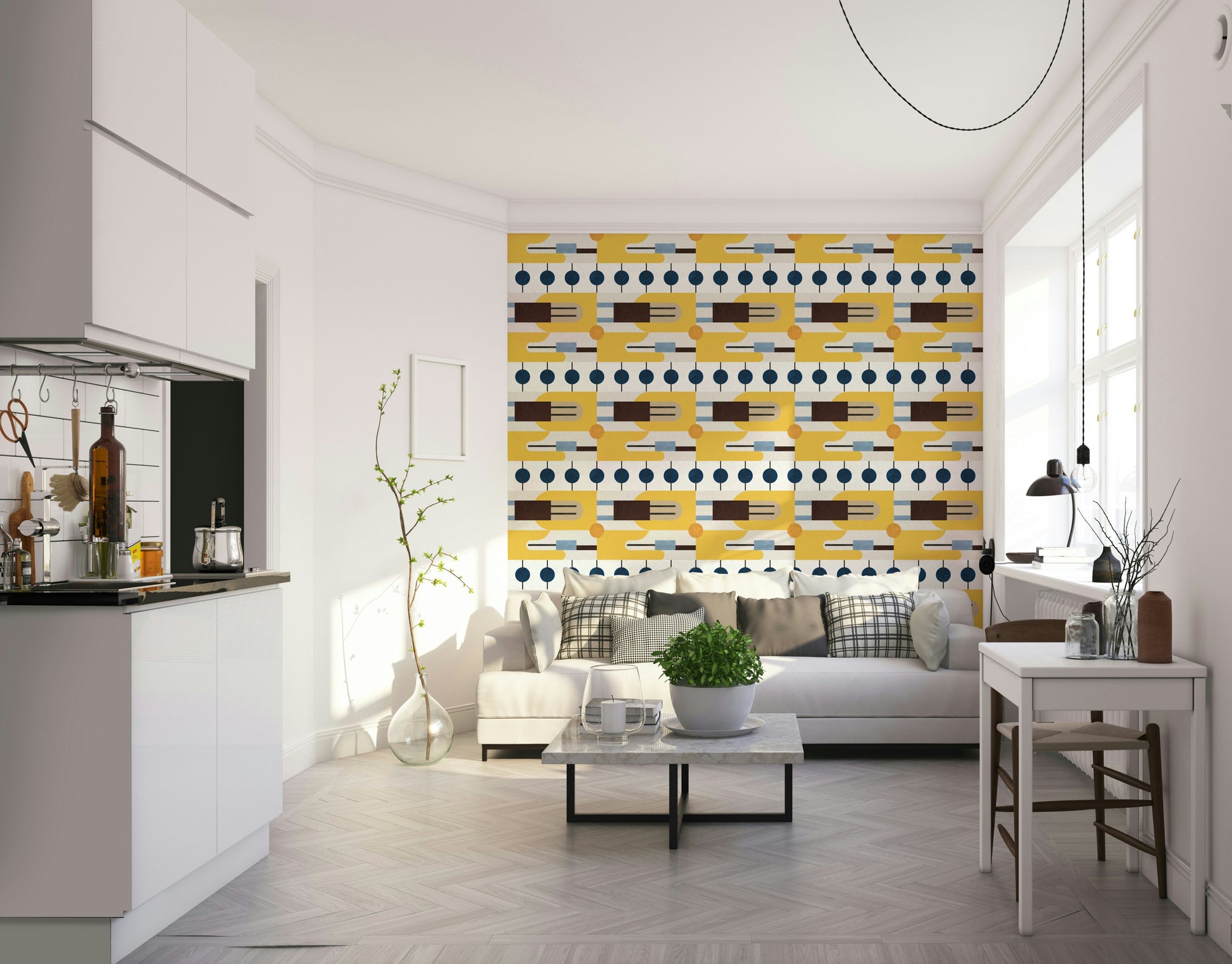Golden Hour Hues wallpaper in a Scandinavian living room with a white sofa, plaid cushions and open kitchen