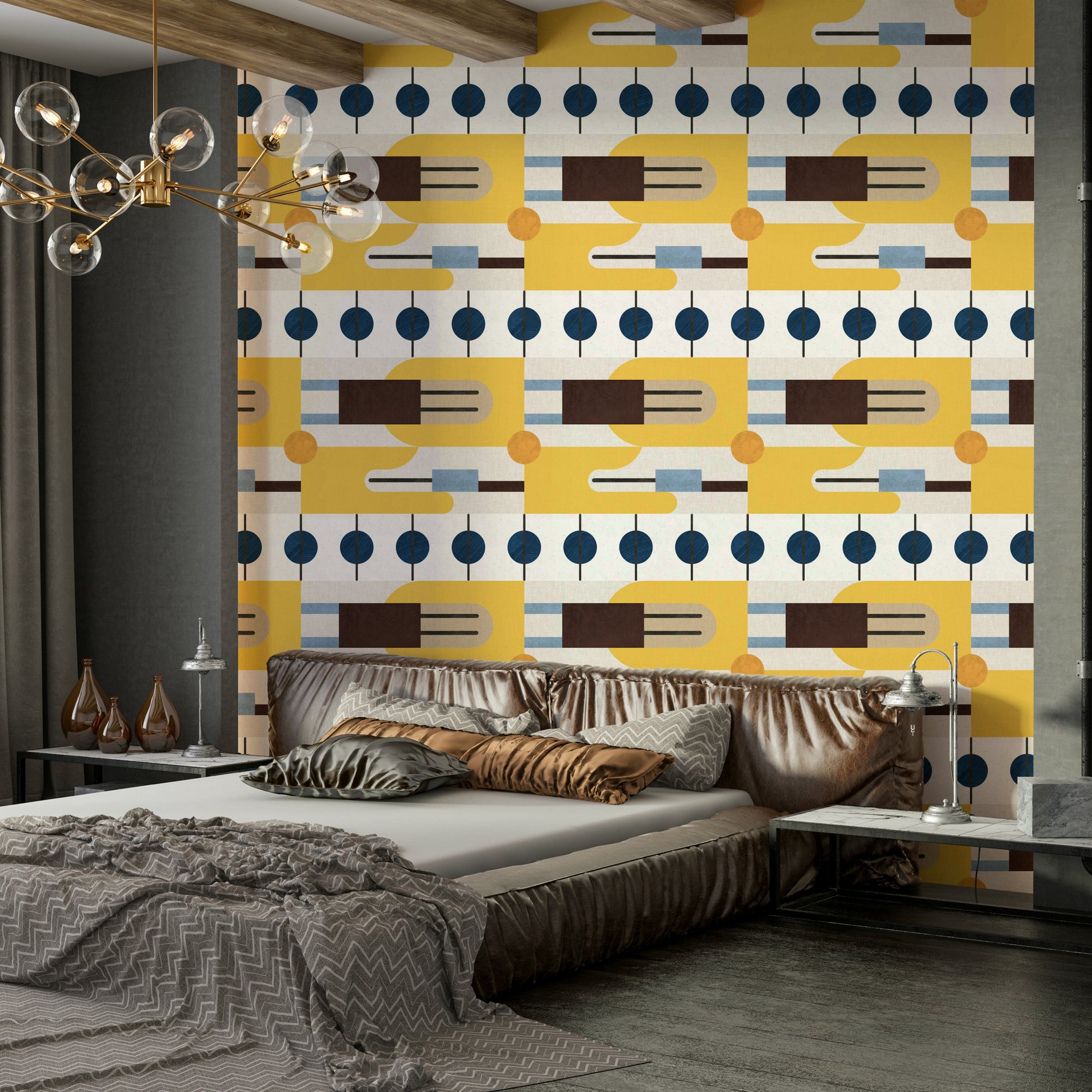 Golden Hour Hues wallpaper behind a brown leather platform bed with a brass sputnik chandelier