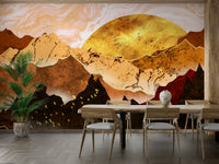 Bedroom accent wall wallpaper with golden hour mountains, soft neutral color