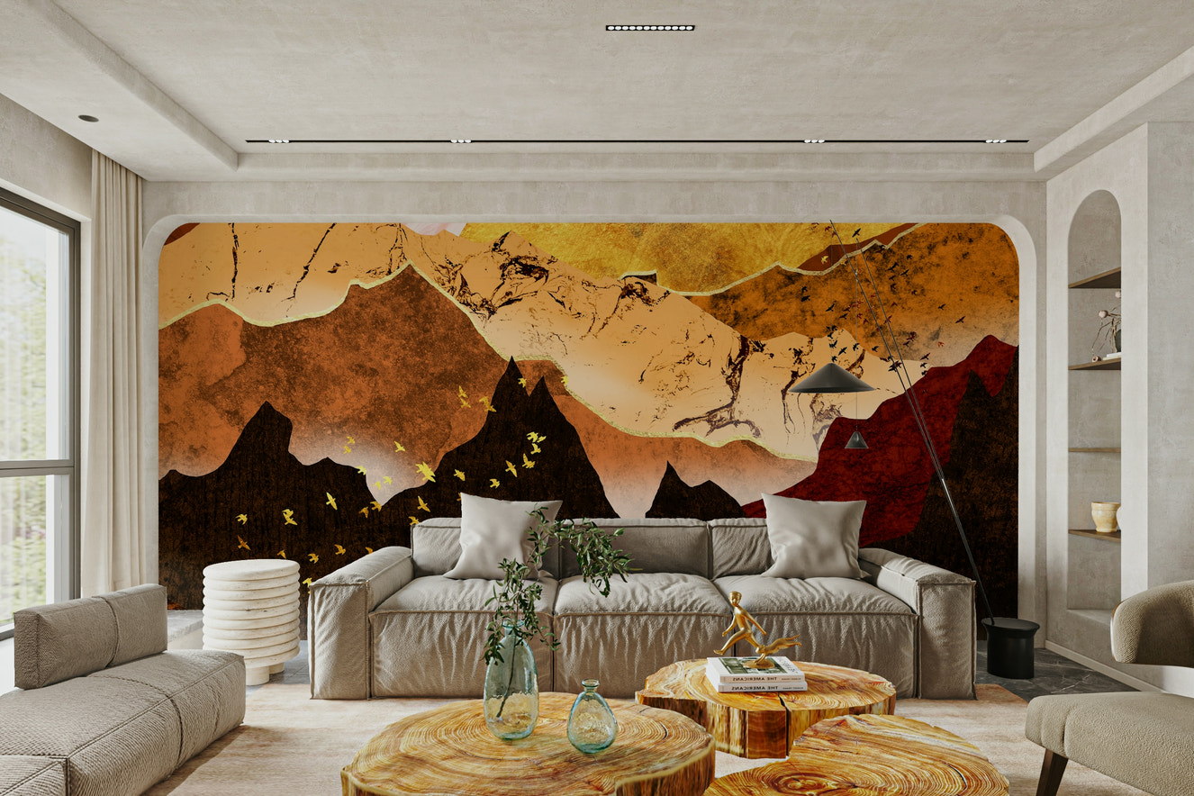 Apartment dining area feature wall wallpaper, mountain horizon in warm color