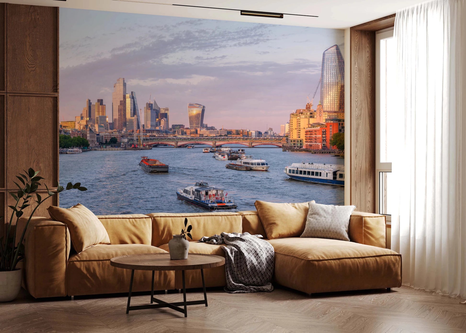 Golden Hour on the Thames wall mural applied in a modern living room.