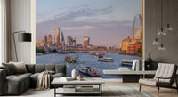 Golden Hour on the Thames wall mural showing a busy river with skyscrapers.