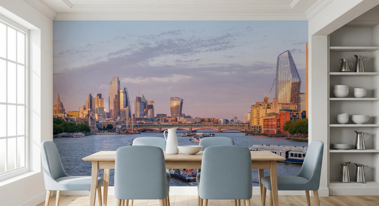 Golden Hour on the Thames Wall Mural in a bright dining room.