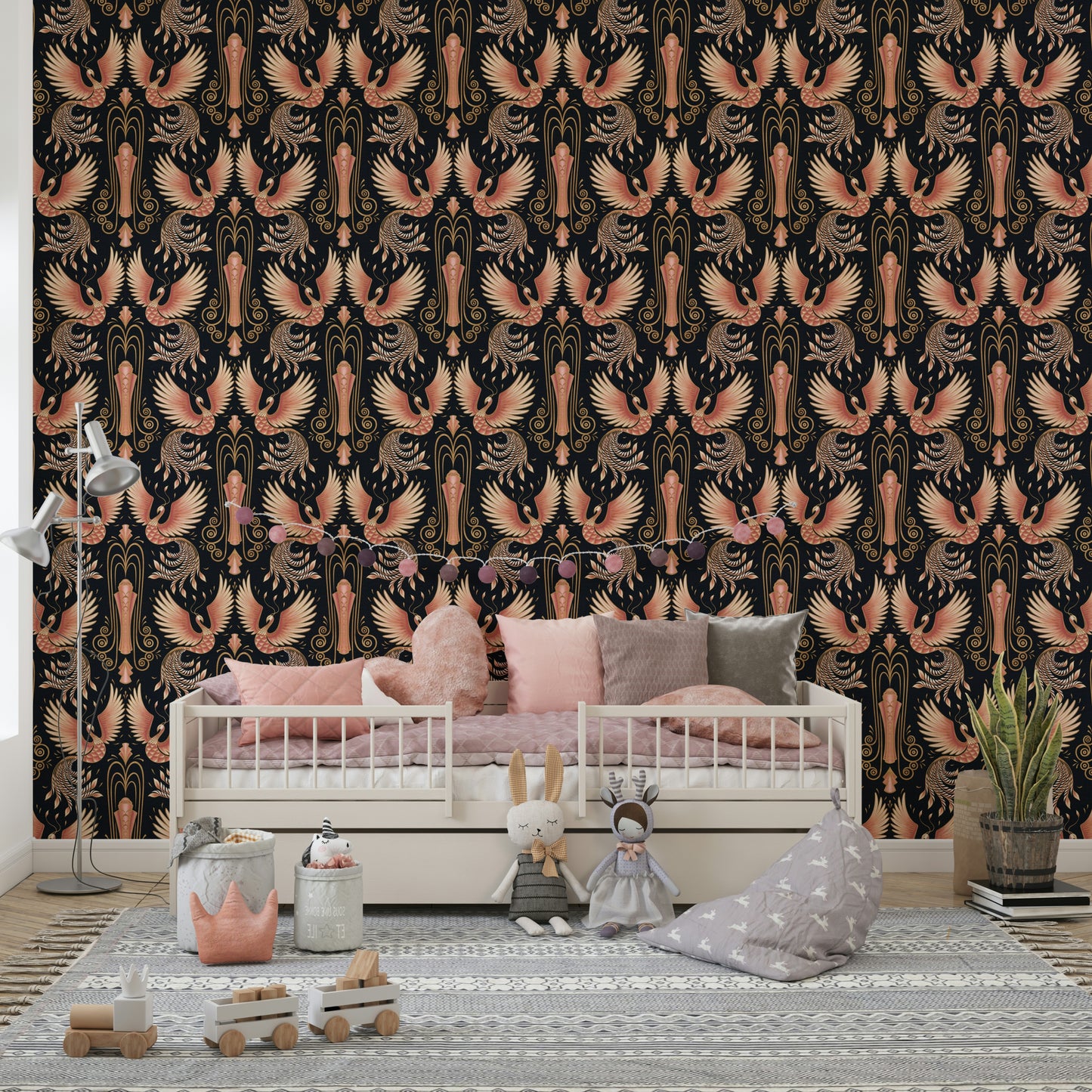 Warm, glowing phoenix mural for dramatic spaces

