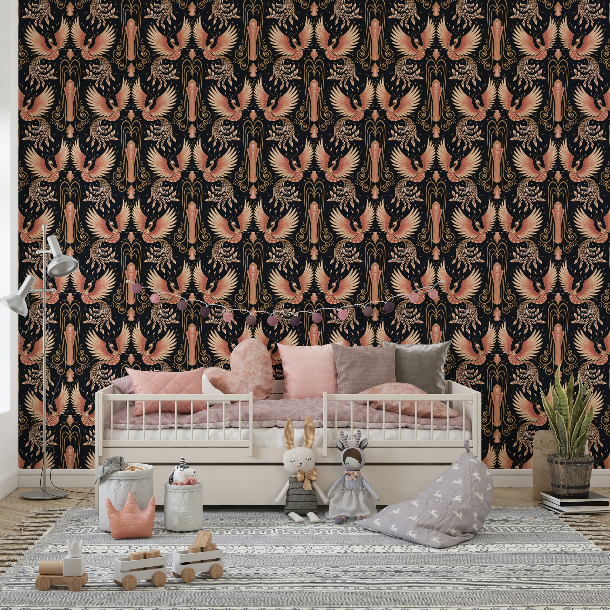 Warm, glowing phoenix mural for dramatic spaces

