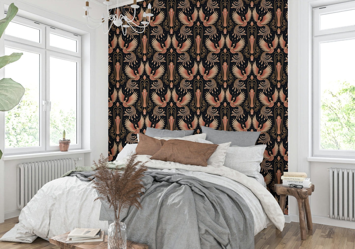 Phoenix wall mural with fiery golden hues

