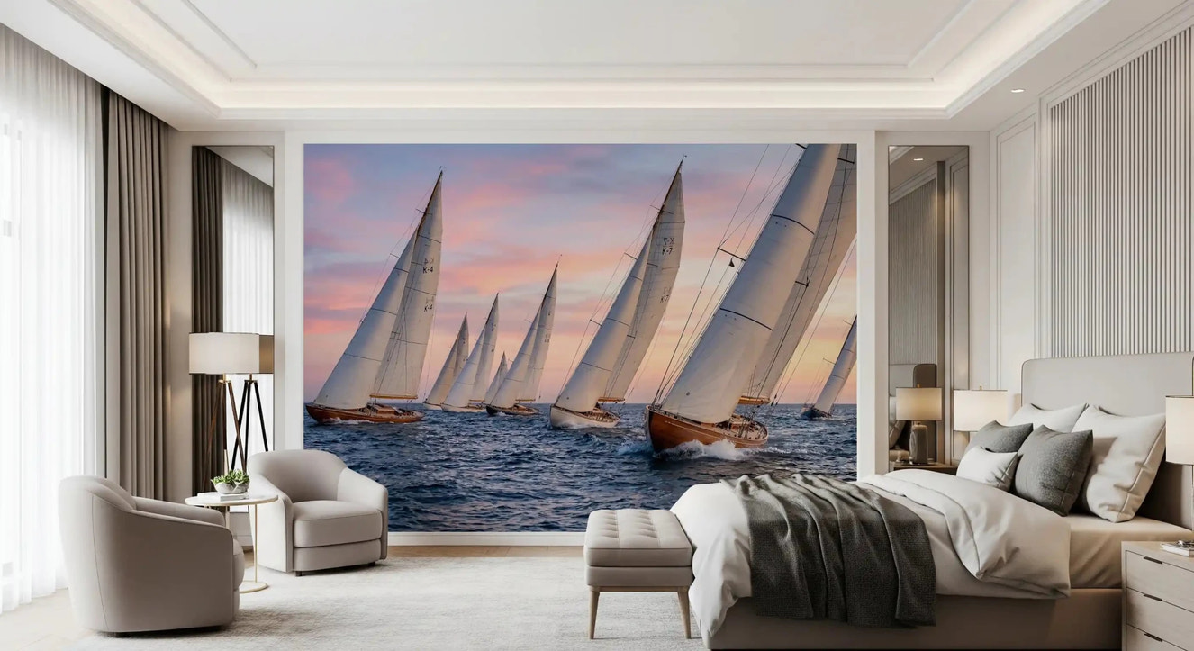 Bedroom featuring coastal wall mural with white yachts at sea