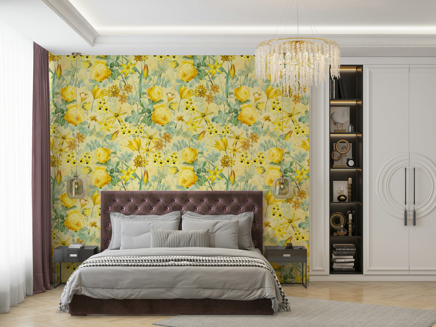 Elegant golden hour rose mural for living room walls

