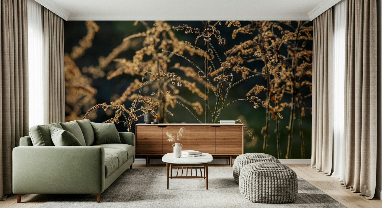Golden Hour Serenity floral mural in modern living room, warm beige and gold tones