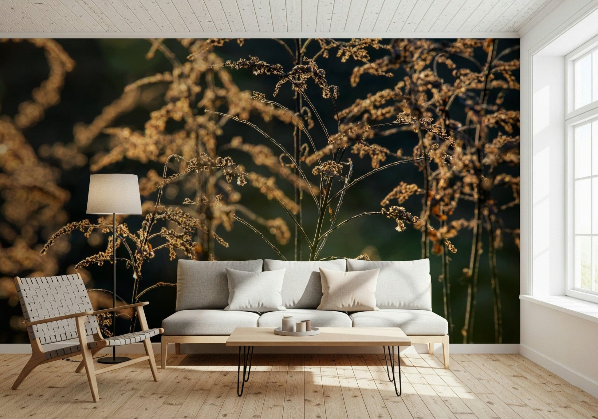 Neutral floral wallpaper for bedroom headboard wall, warm colour and calm mood
