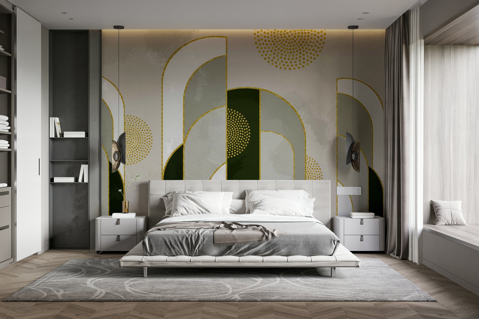 Radiant mural featuring golden, peach, and rose tones

