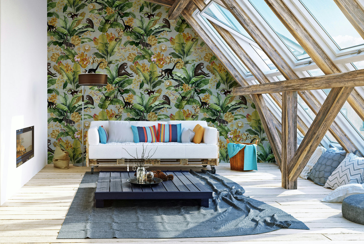 Tropical jungle mural featuring rich greenery and golden accents.


