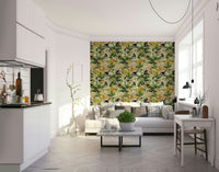 Wallpaper with lush greenery, exotic creatures, and luxurious gold elements.

