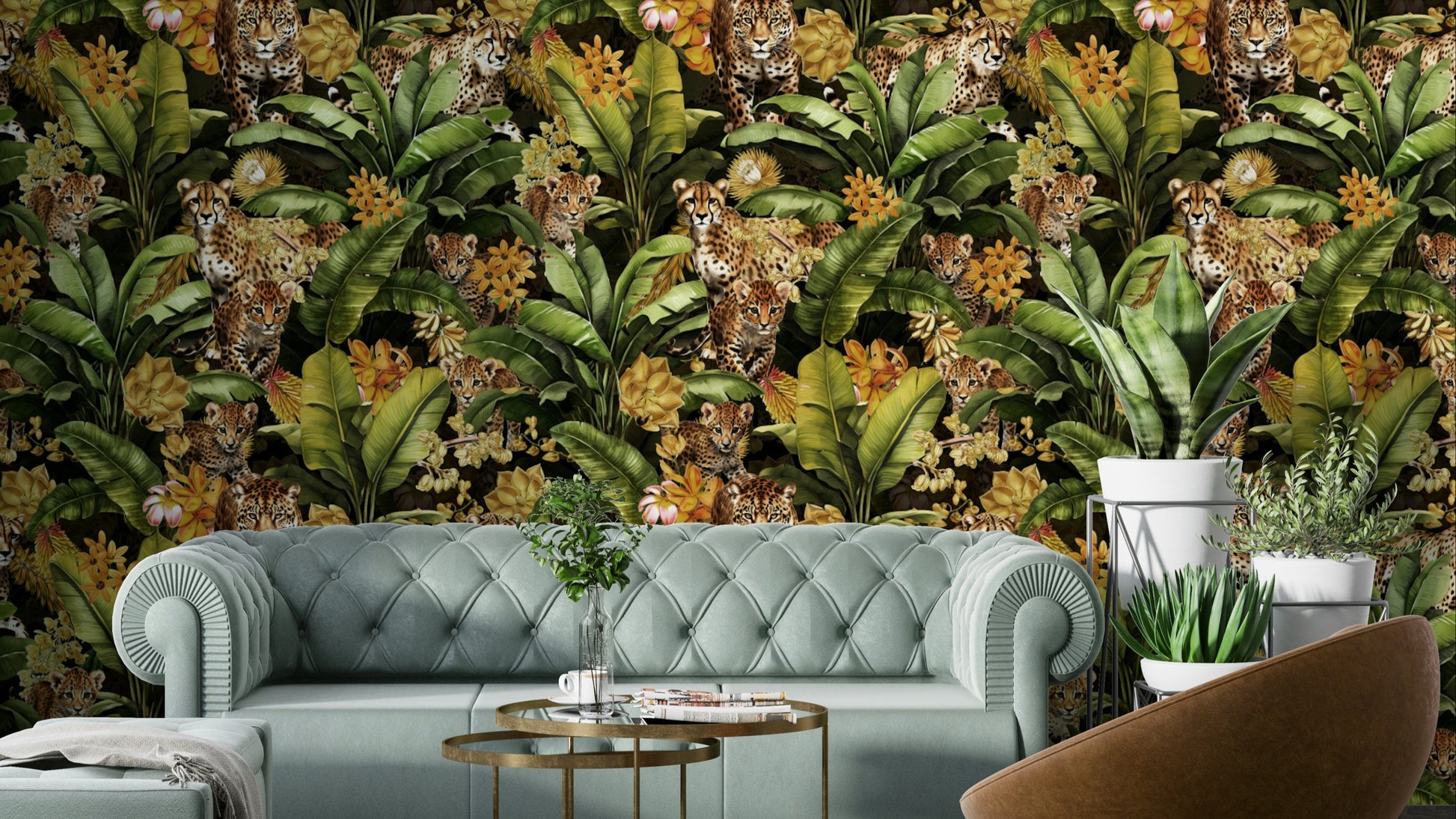 Wallpaper with tropical leaves, vines, and animals set against a golden background.

