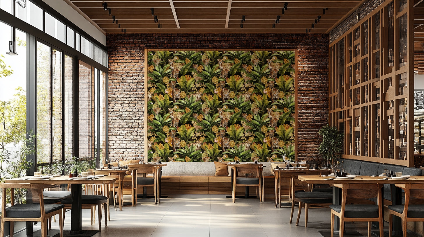 Jungle-inspired mural featuring vibrant greenery and golden highlights.

