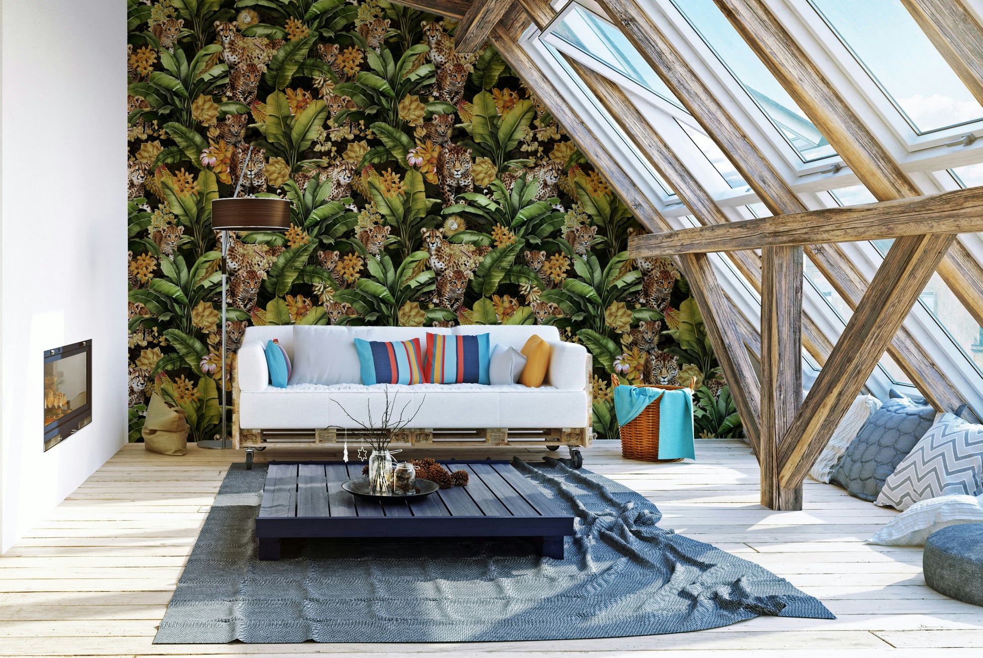Golden Jungle Wallpaper with golden accents and tropical foliage.

