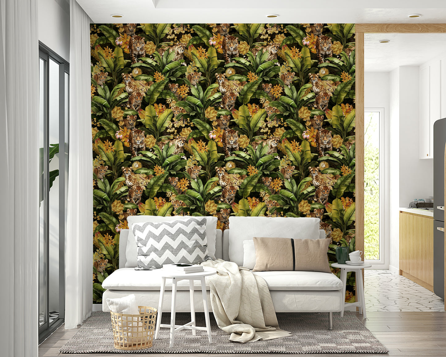 Tropical wallpaper with palm leaves, golden details, and wildlife.

