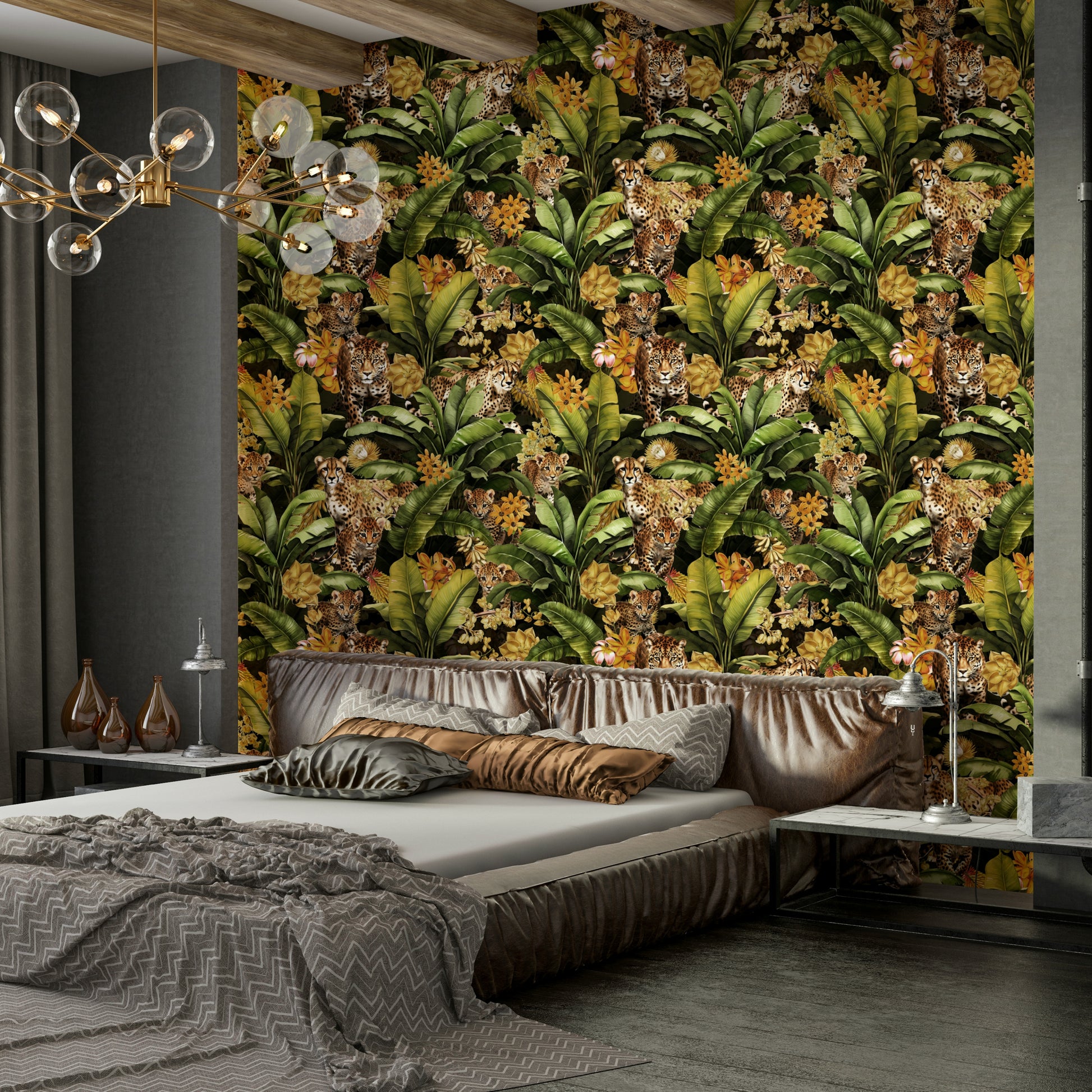 Luxurious jungle mural featuring gold highlights and vibrant green plants.

