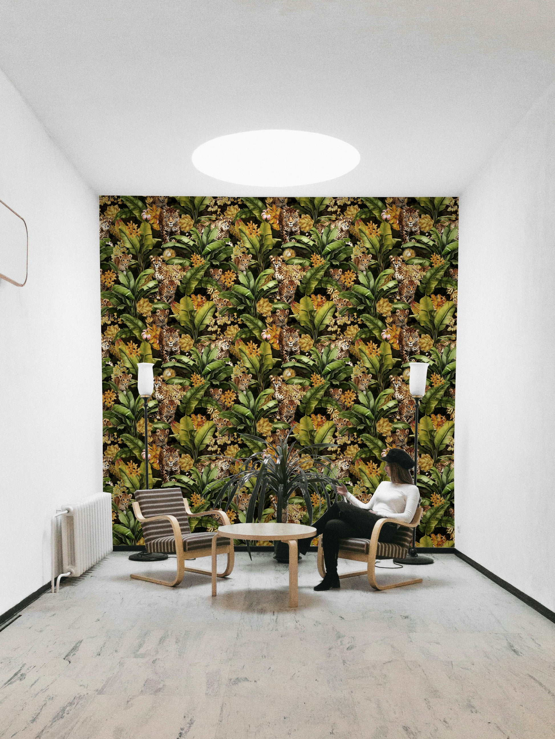 Golden Jungle wallpaper with exotic animals and tropical greenery.


