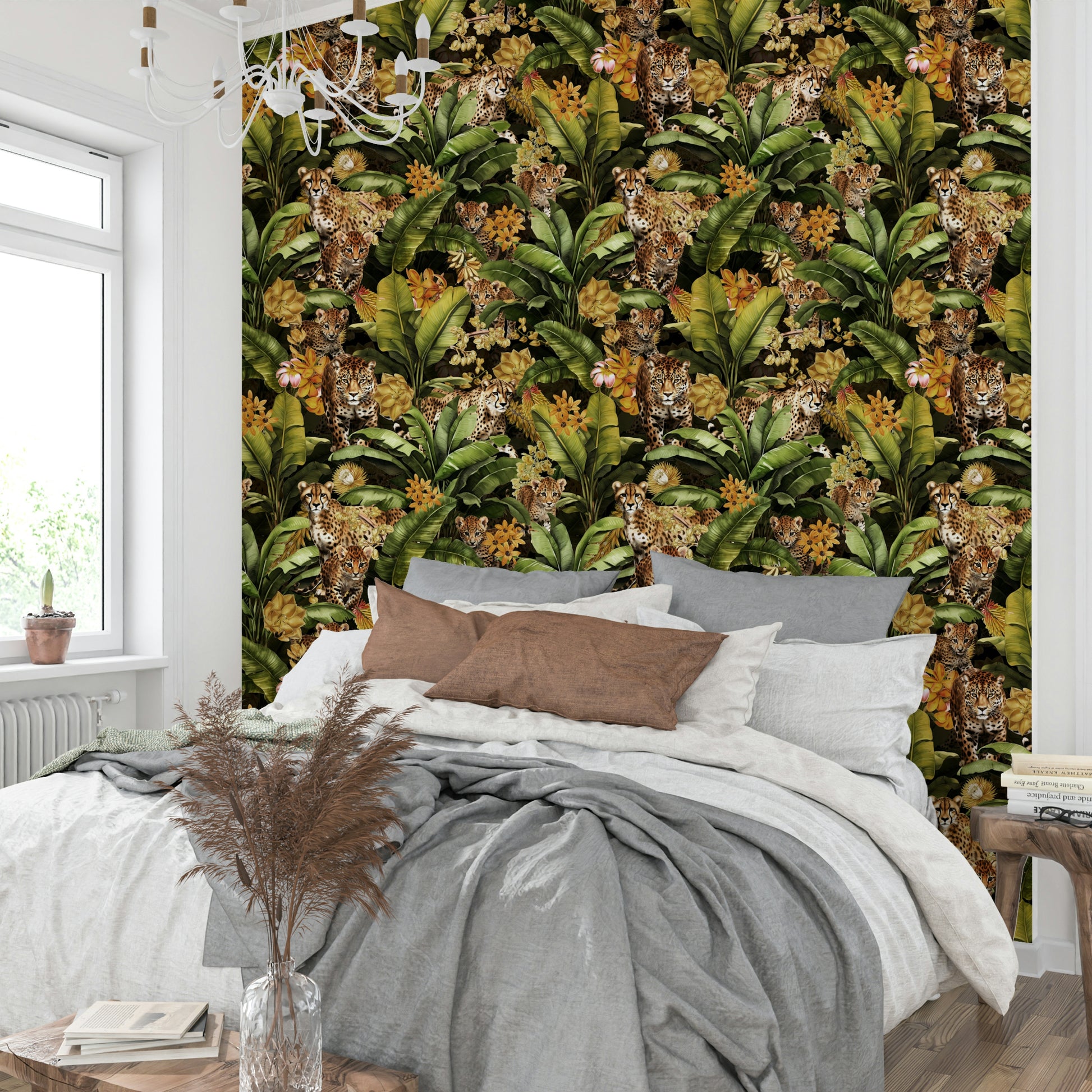 Close-up of jungle foliage and gold accents in a vibrant wallpaper design.

