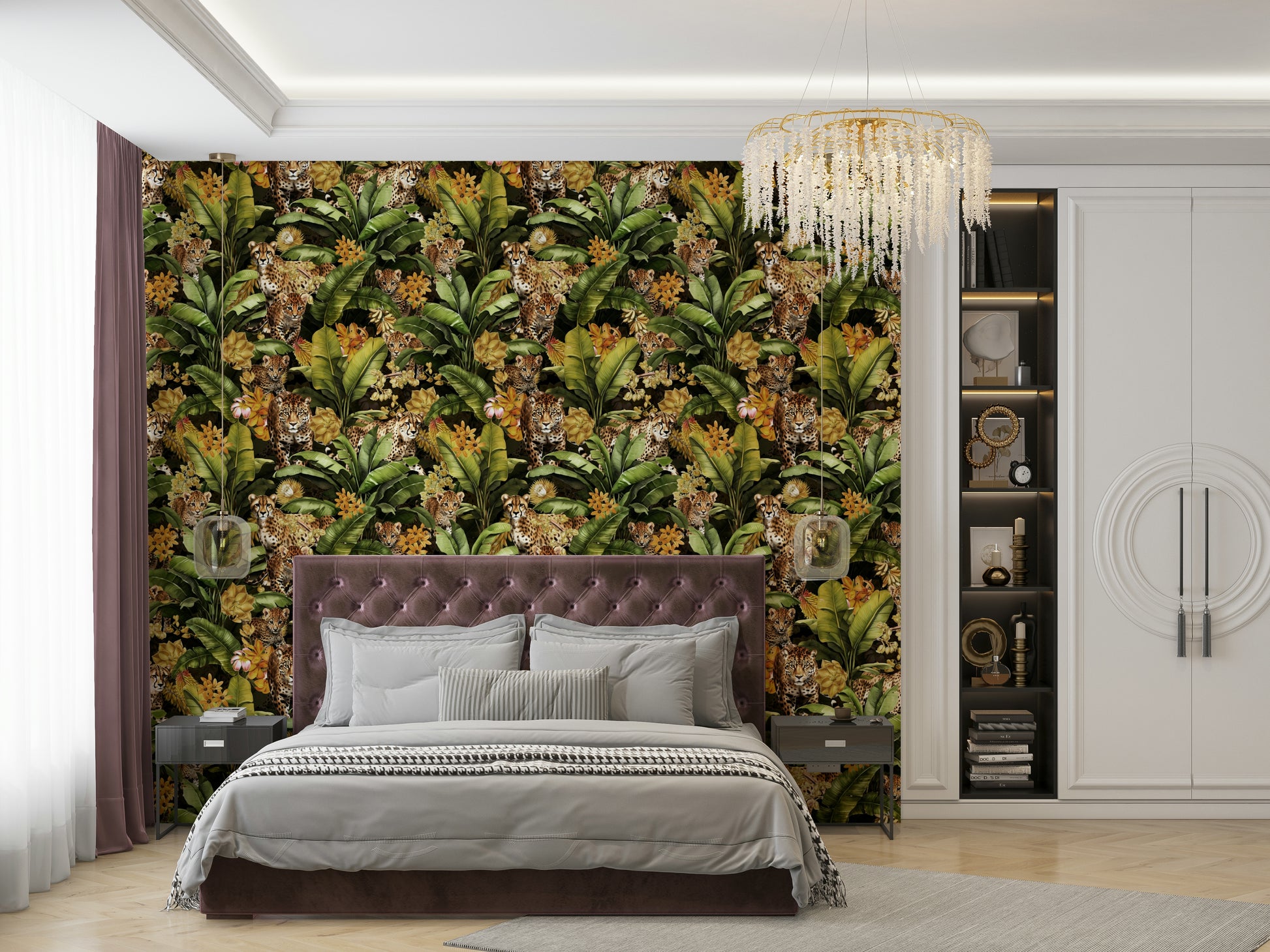 Golden jungle design with exotic wildlife and lush botanical elements.

