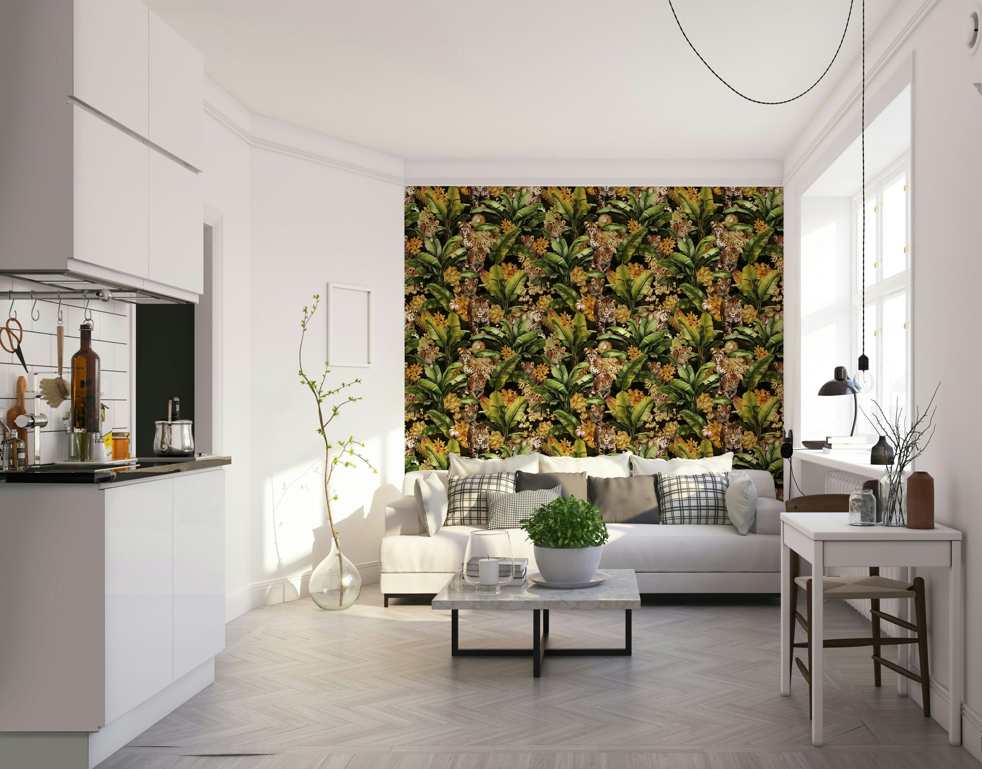Lush tropical wallpaper with rich gold details and vivid plants.


