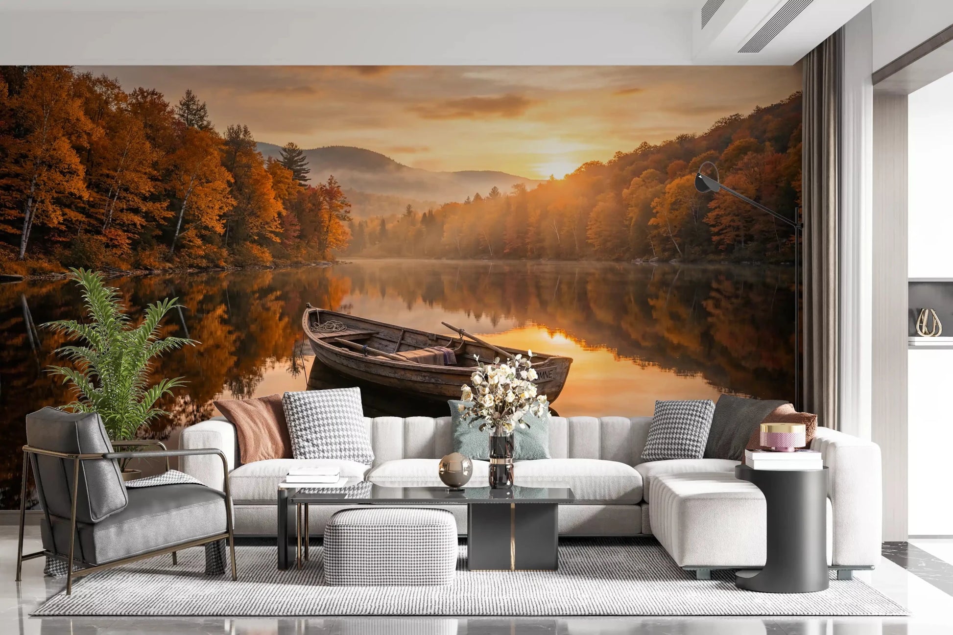 Golden Lake Escape wall mural gives a hallway rich forest lake scenery