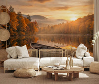 Golden Lake Escape wall mural shows a boat on a calm autumn lake at sunrise