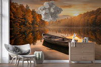 Golden lake wall mural fits a living room with soft sunrise water tones