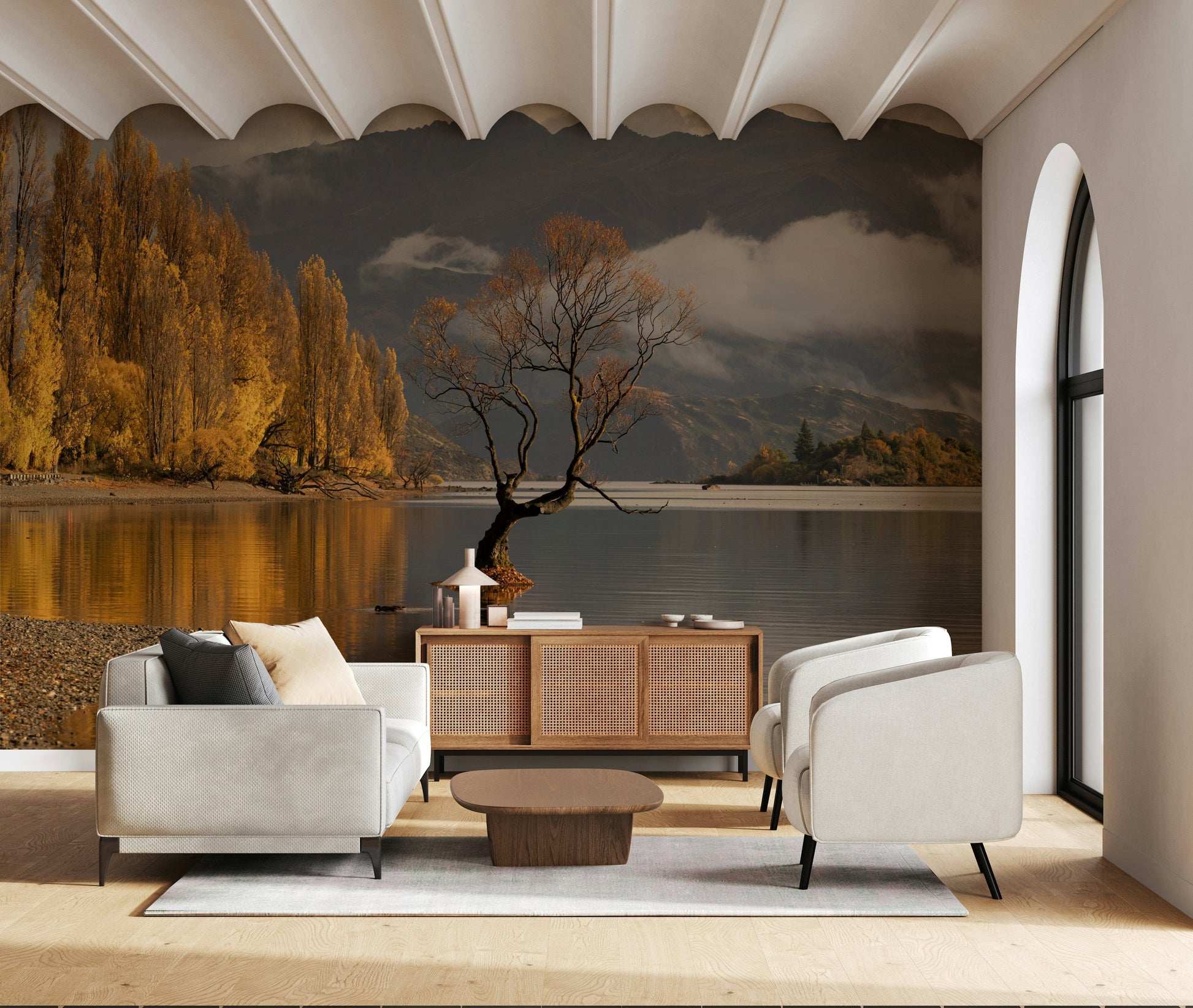 Autumn lake reflection wall mural in minimalist office, earthy colors, clean modern wall decor