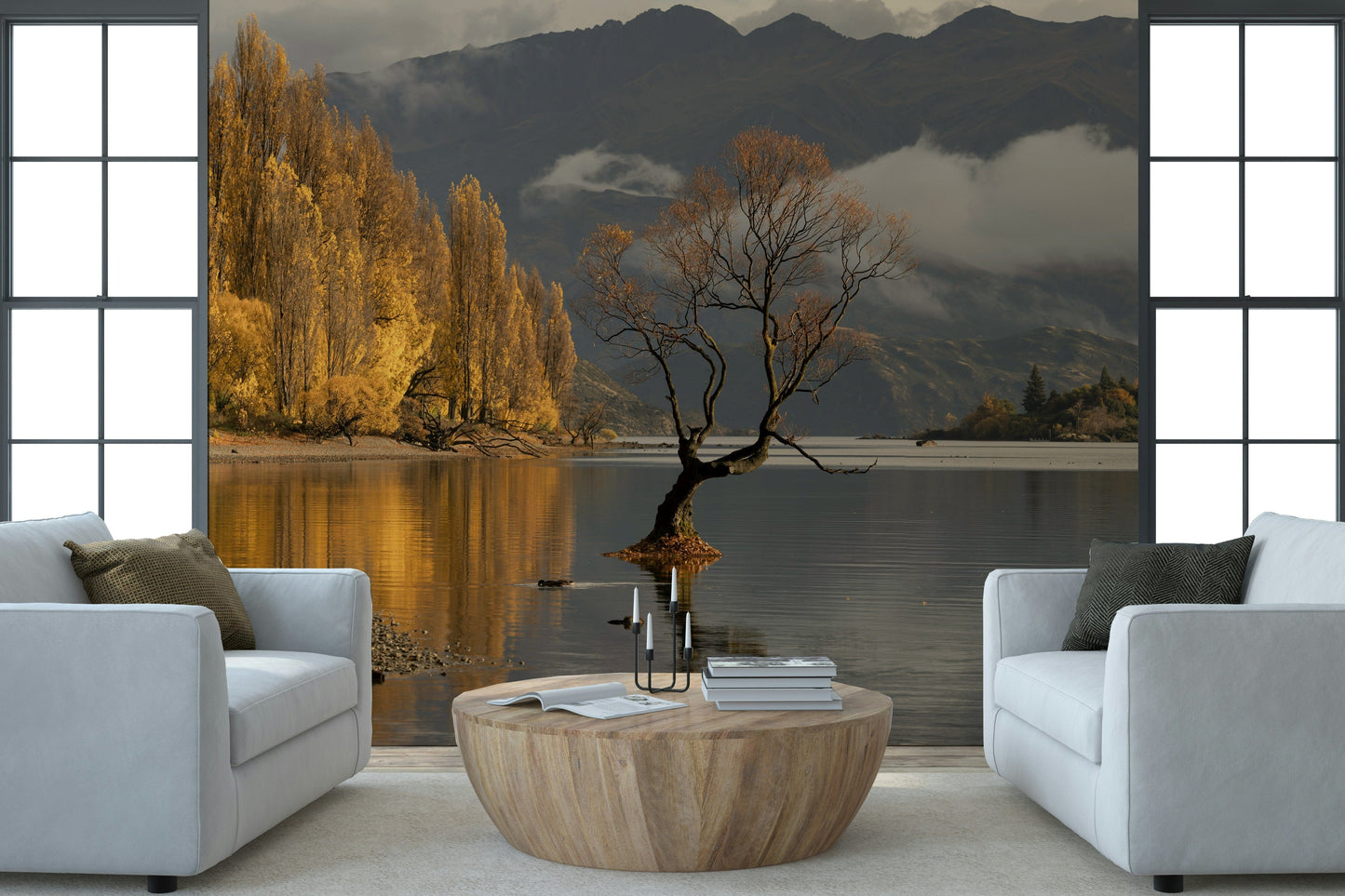 Forest reflection mural for entryway feature wall, warm color tones, natural wall decor look