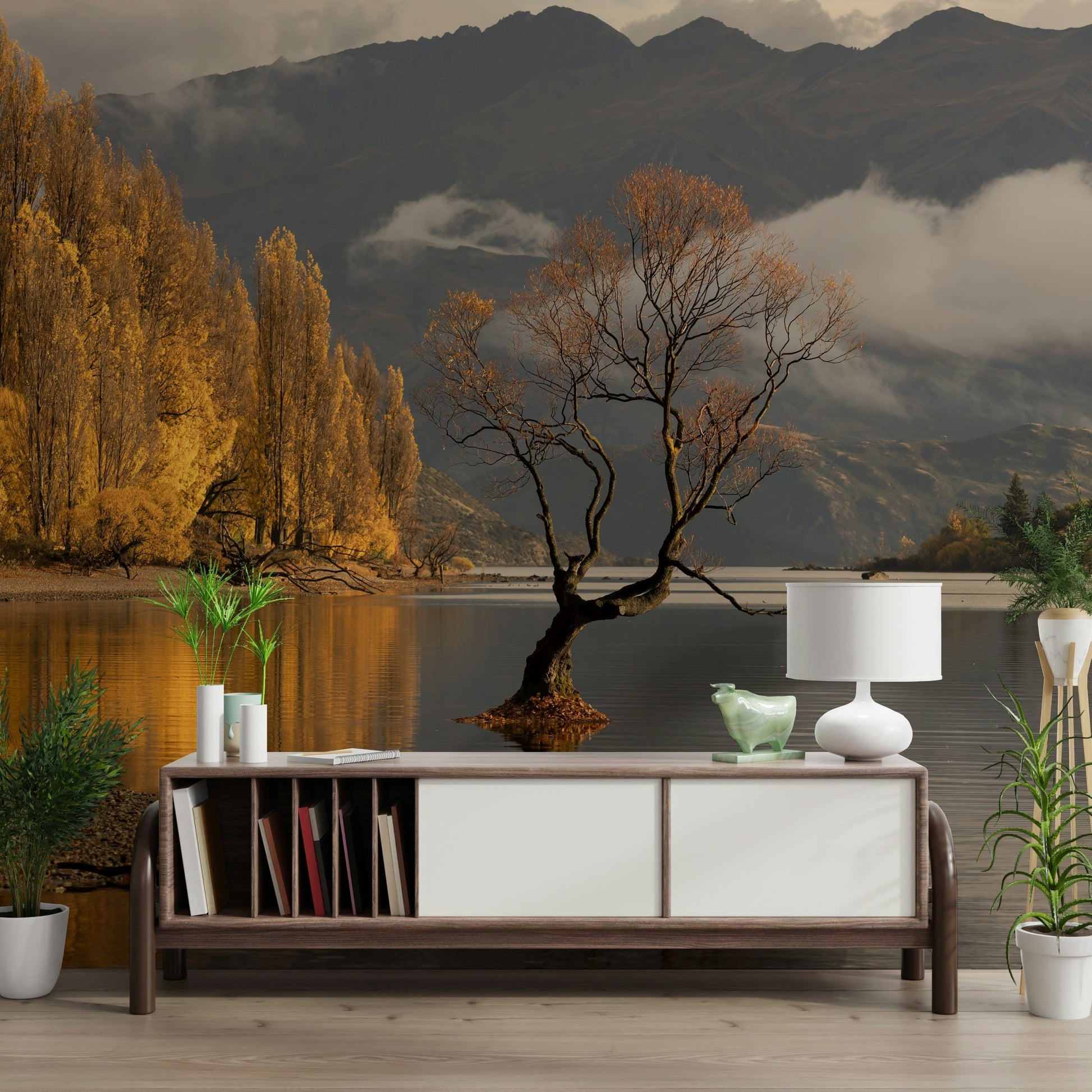 Tree-lined lake reflection mural in hallway, muted warm colors, scenic wall decor feature