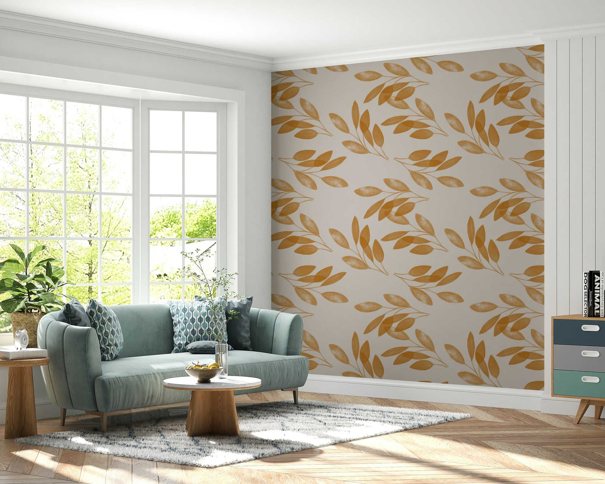 Botanical wallpaper with softly textured golden leaves arranged in a flowing, elegant pattern.