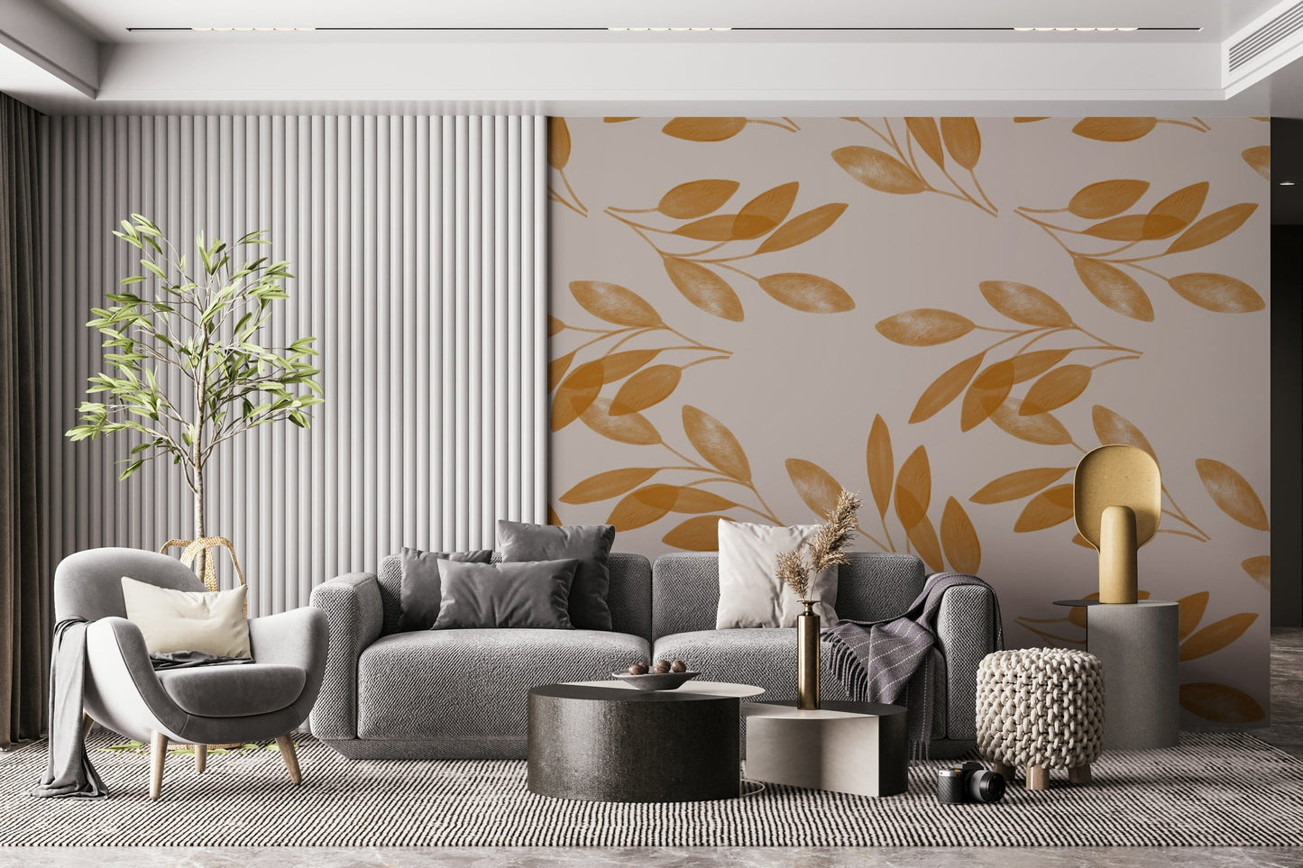 A soothing wallpaper featuring hand-drawn golden leaves on a soft cream backdrop.