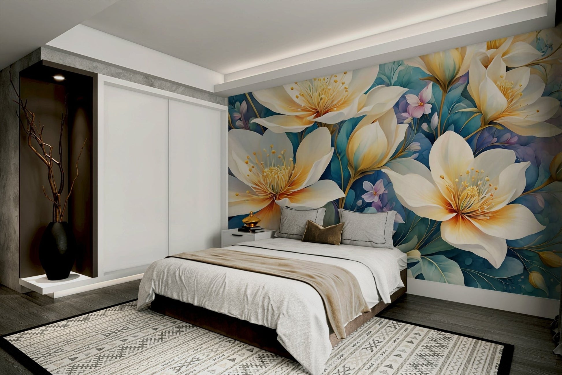 A wall mural featuring a soft, artistic floral pattern.

