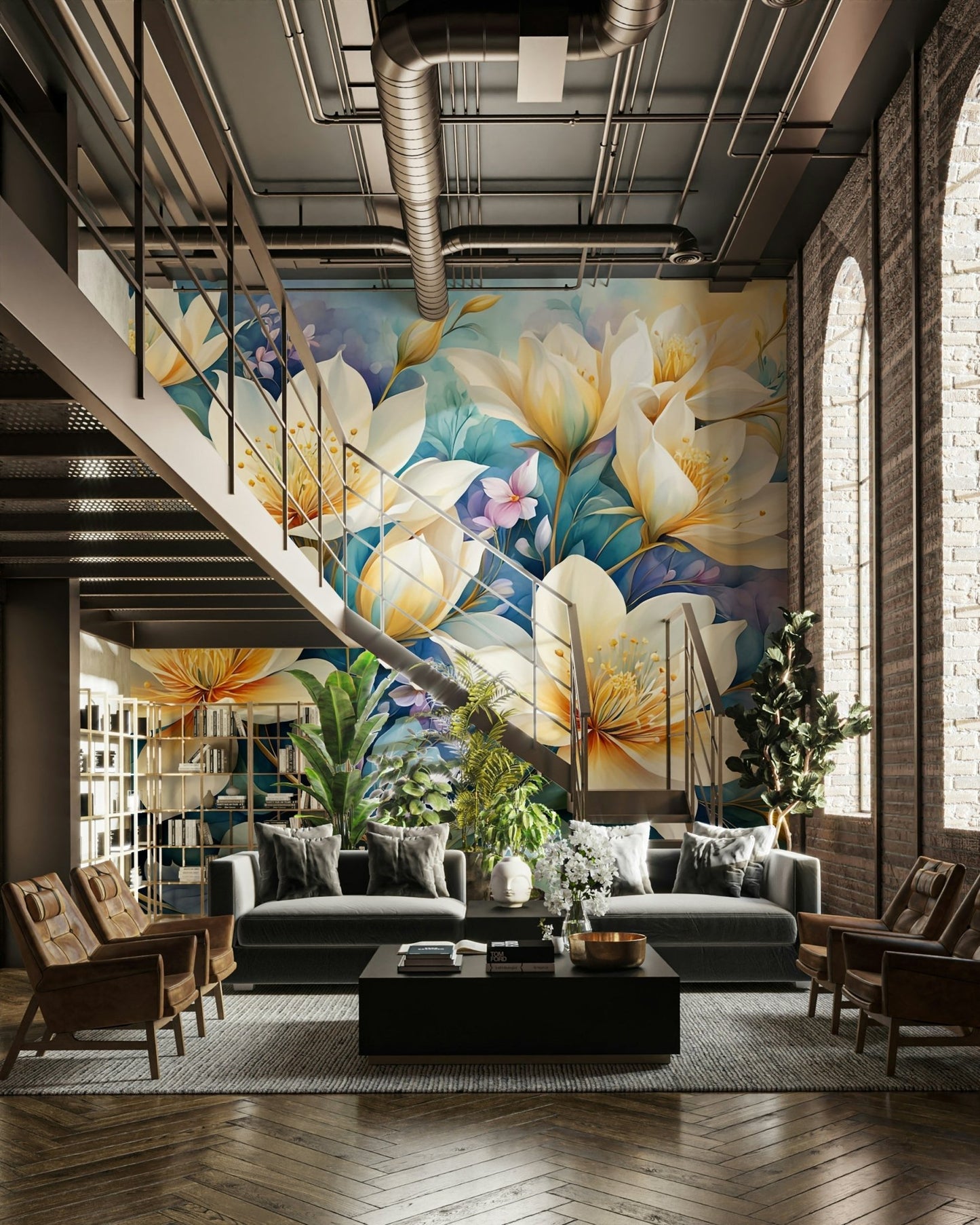 The image shows a full wall with several flowers on a light, peaceful background.

