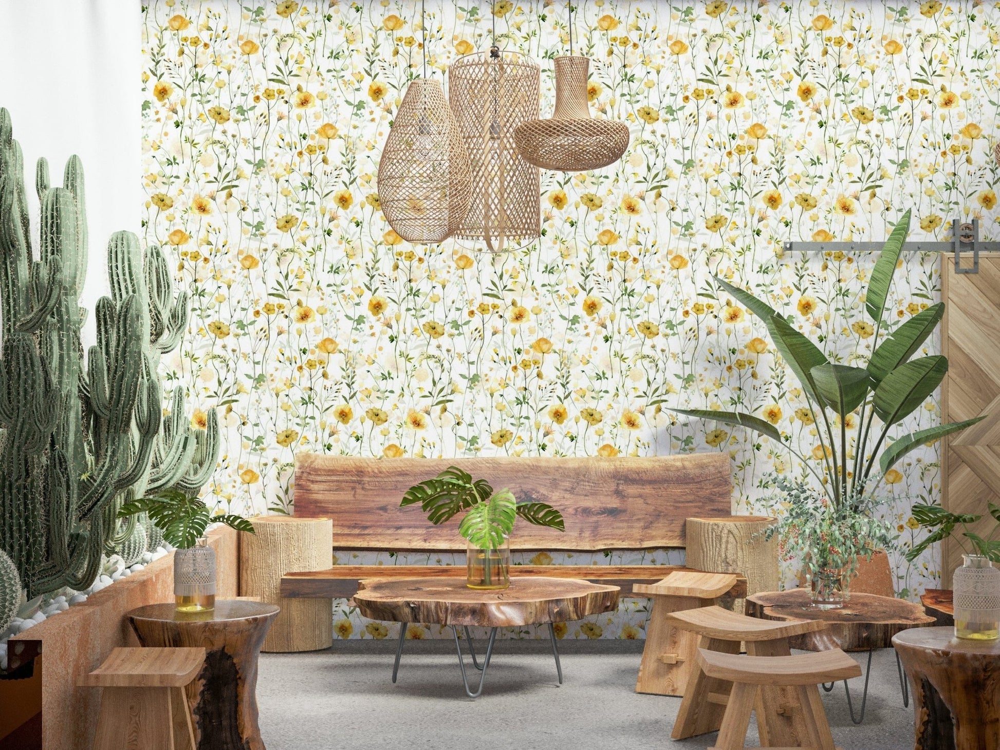 Tall grass and yellow blooms, Golden Meadow Blooms elegant wall treatment.