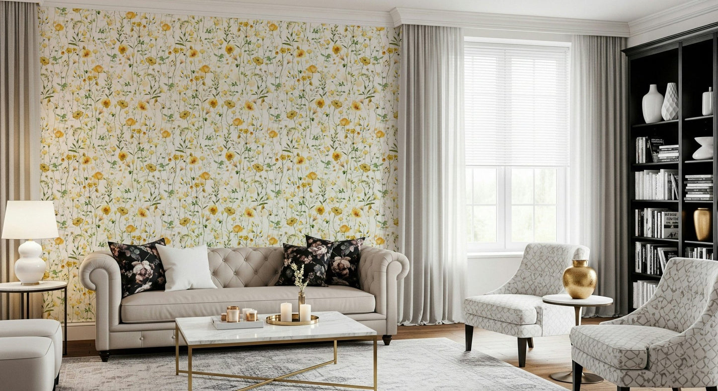 Golden Meadow Blooms wallpaper for walls, subtle natural fine art print.
