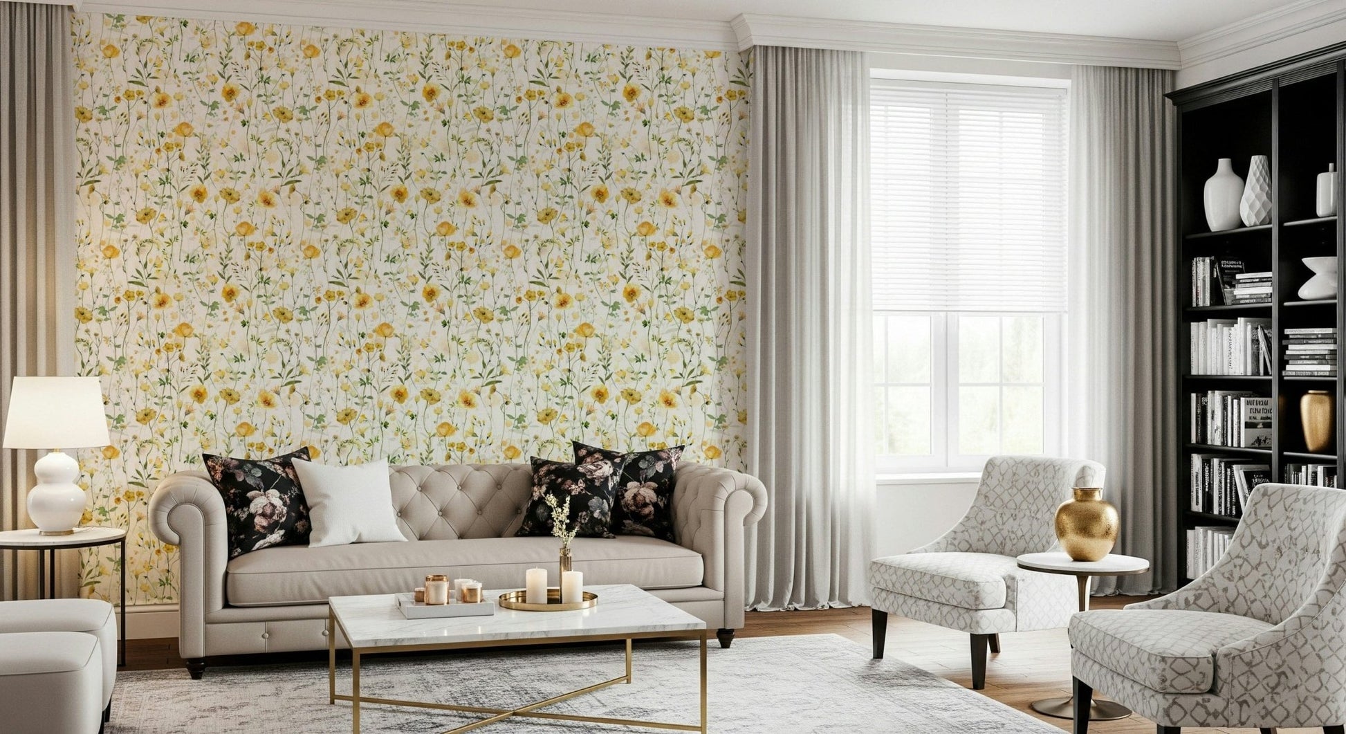 Golden Meadow Blooms wallpaper for walls, subtle natural fine art print.