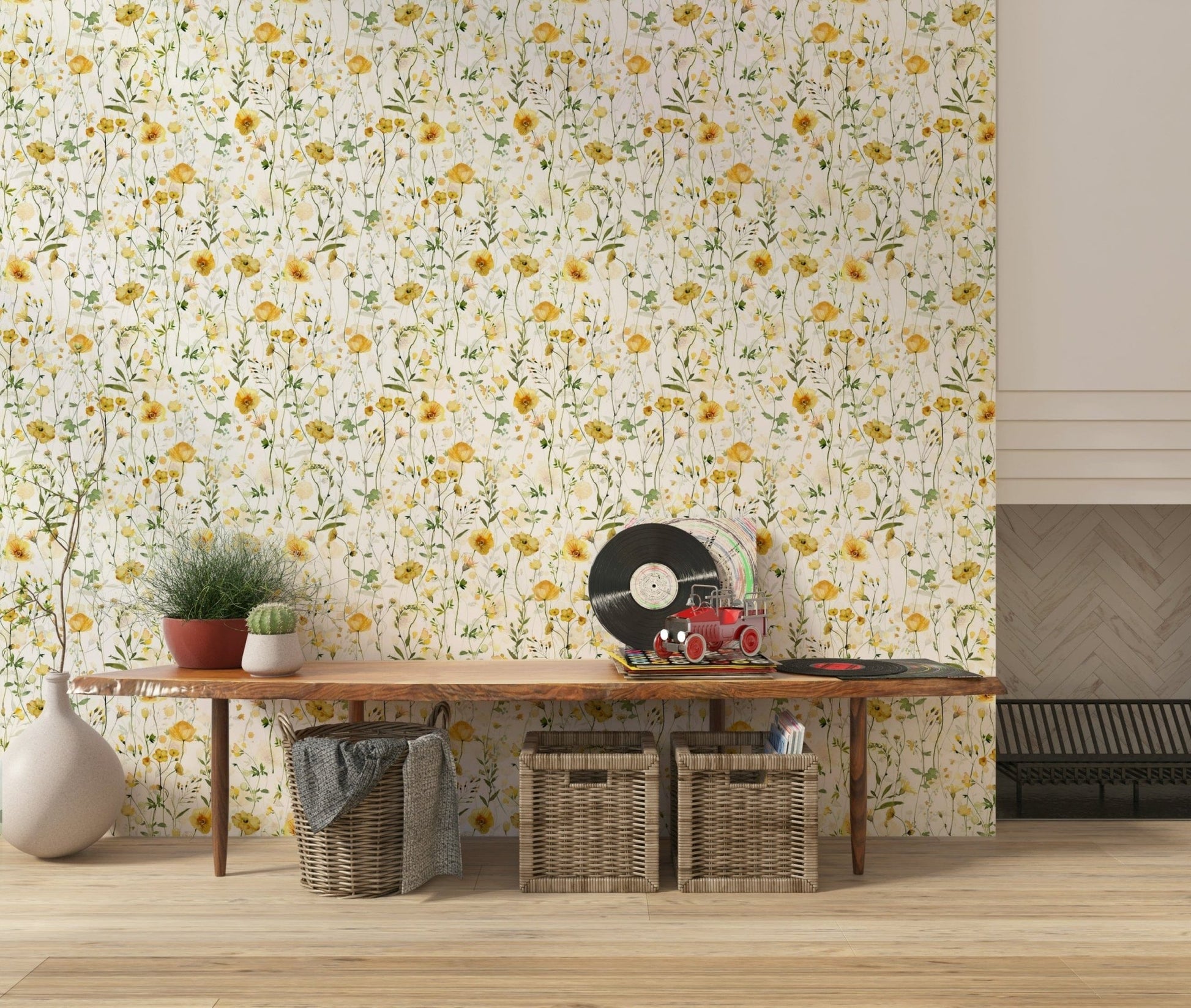 Golden Meadow Blooms wall mural, soft yellow poppy and wildflower illustration.