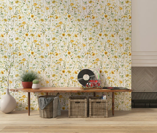 Golden Meadow Blooms wall mural, soft yellow poppy and wildflower illustration.
